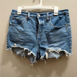 Levi's Blue Distressed Jean Shorts with Frayed Hem